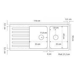 Evier 2 bacs avec égouttoir 116 cm x 50 cm RESIROC blanc arctique