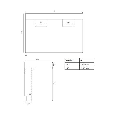 Caisson sous vasque PMR ALTEA 140 cm - Dimensions