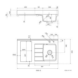 PlaniQuartz 100 cm : plan de travail monobloc evier intégré - Schéma