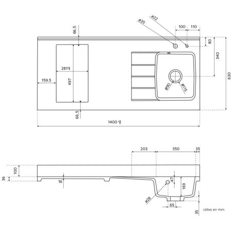 PlaniQuartz 140 cm : plan de travail monobloc evier intégré - Shéma