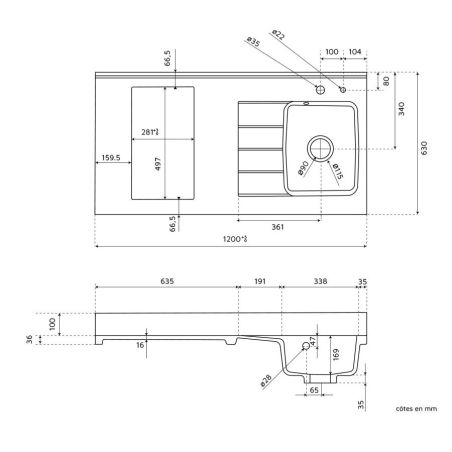 PlaniQuartz 120 cm : plan de travail monobloc evier intégré - Shéma