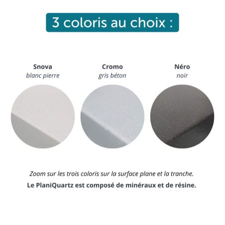 PlaniQuartz 120 cm : plan de travail monobloc evier intégré - Coloris au choix