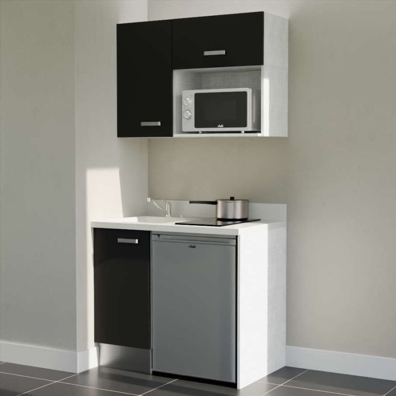 Kitchenette K00 - 100 cm - meubles noirs, plan monobloc blanc avec évier à gauche