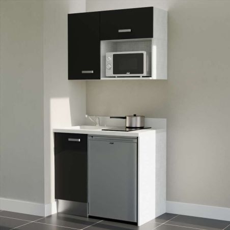 Kitchenette K00 - 100 cm - meubles noirs, plan monobloc blanc avec évier à gauche