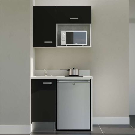 Kitchenette K00 - 100 cm - meubles noirs, plan monobloc blanc avec évier à gauche