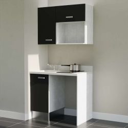 Kitchenette K00 - 100 cm - meubles noirs, plan monobloc blanc avec évier à gauche