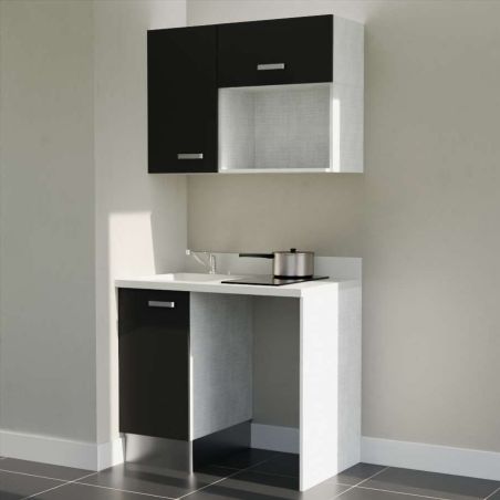Kitchenette K00 - 100 cm - meubles noirs, plan monobloc blanc avec évier à gauche