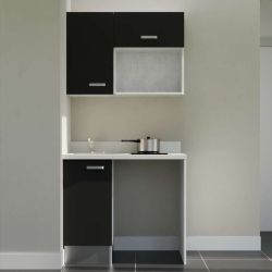 Kitchenette K00 - 100 cm - meubles noirs, plan monobloc blanc avec évier à gauche