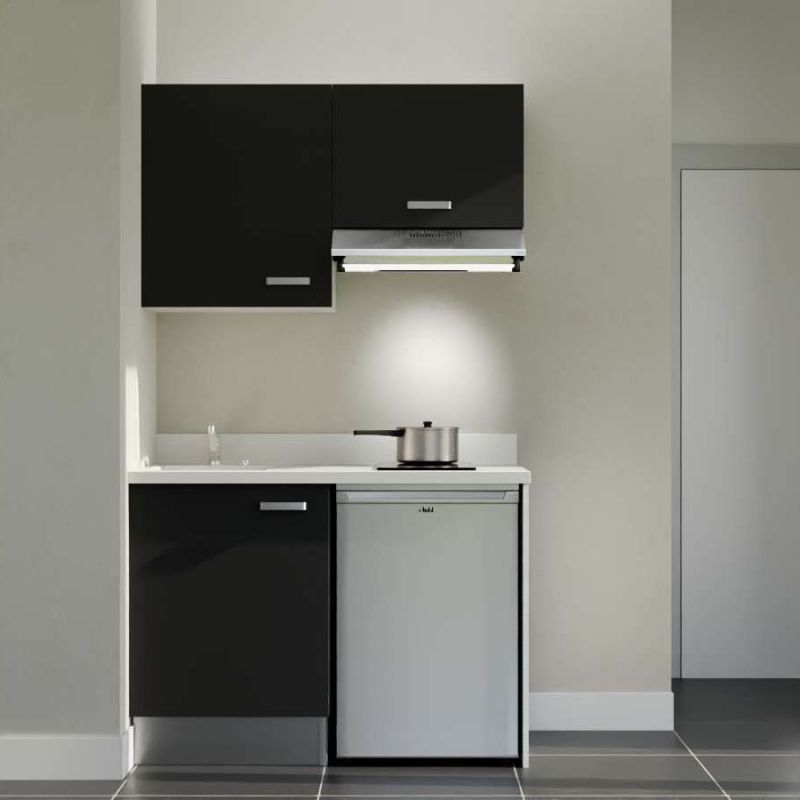 Kitchenette K01 - 120 cm avec emplacement frigo top et hotte - couleur noir - plan monobloc blanc évier à gauche