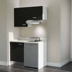 Kitchenette K01 - 120 cm avec emplacement frigo top et hotte - couleur noir - plan monobloc blanc évier à gauche