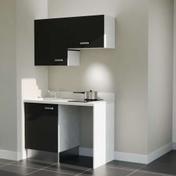 Kitchenette K01 - 120 cm avec emplacement frigo top et hotte - couleur noir - plan monobloc blanc évier à gauche