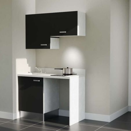 Kitchenette K01 - 120 cm avec emplacement frigo top et hotte - couleur noir - plan monobloc blanc évier à gauche