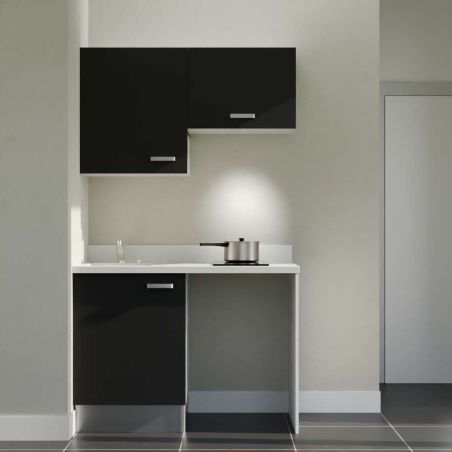 Kitchenette K01 - 120 cm avec emplacement frigo top et hotte - couleur noir - plan monobloc blanc évier à gauche