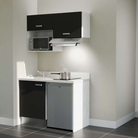 Kitchenette façades noires K02L : 120 cm avec plan monobloc PlaniQuartz à gauche blanc