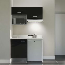 Kitchenette façades noires K02L : 120 cm avec plan monobloc PlaniQuartz à gauche blanc