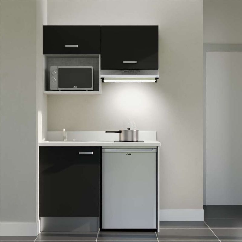 Kitchenette façades noires K02L : 120 cm avec plan monobloc PlaniQuartz à gauche blanc