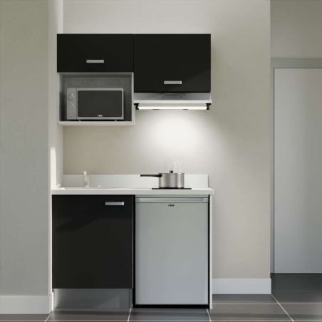 Kitchenette façades noires K02L : 120 cm avec plan monobloc PlaniQuartz à gauche blanc