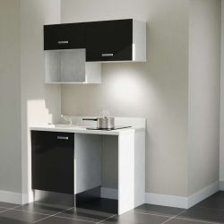 Kitchenette façades noires K02L : 120 cm avec plan monobloc PlaniQuartz à gauche blanc