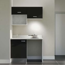 Kitchenette façades noires K02L : 120 cm avec plan monobloc PlaniQuartz à gauche blanc