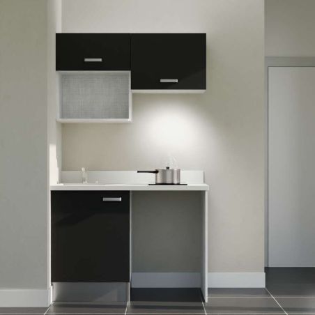 Kitchenette façades noires K02L : 120 cm avec plan monobloc PlaniQuartz à gauche blanc