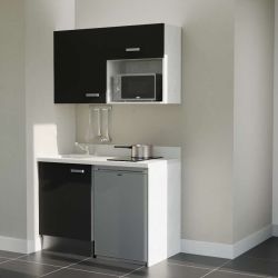 Kitchenette noire K07L : 120 cm avec plan monobloc PlaniQuartz blanc évier à gauche