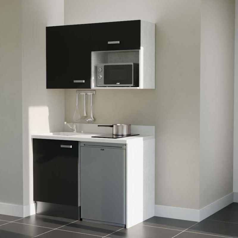 Kitchenette noire K07L : 120 cm avec plan monobloc PlaniQuartz blanc évier à gauche Kitchenette noire K07L : 120 cm avec plan monobloc PlaniQuartz blanc évier à gauche