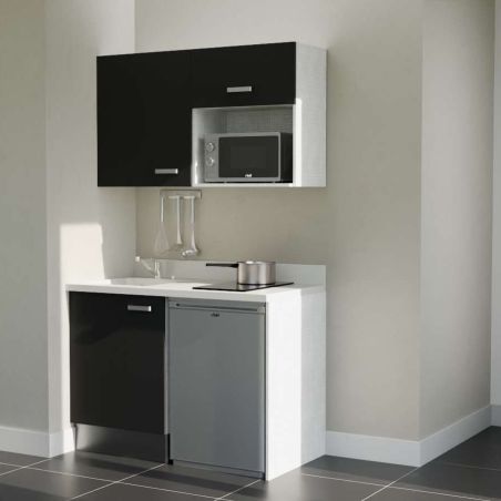 Kitchenette noire K07L : 120 cm avec plan monobloc PlaniQuartz blanc évier à gauche