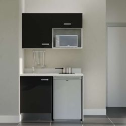 Kitchenette noire K07L : 120 cm avec plan monobloc PlaniQuartz blanc évier à gauche