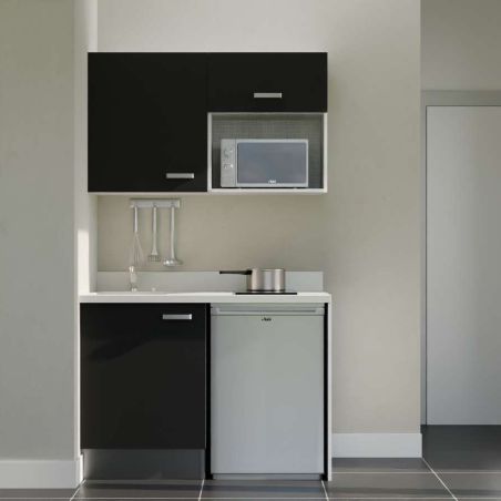 Kitchenette noire K07L : 120 cm avec plan monobloc PlaniQuartz blanc évier à gauche