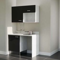 Kitchenette noire K07L : 120 cm avec plan monobloc PlaniQuartz blanc évier à gauche