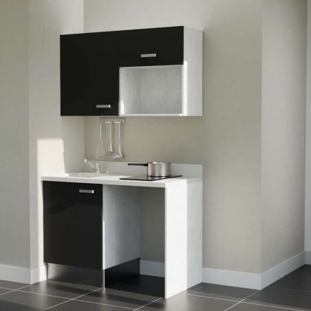 Kitchenette noire K07L : 120 cm avec plan monobloc PlaniQuartz blanc évier à gauche