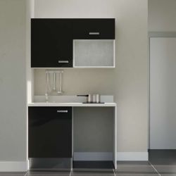 Kitchenette noire K07L : 120 cm avec plan monobloc PlaniQuartz blanc évier à gauche