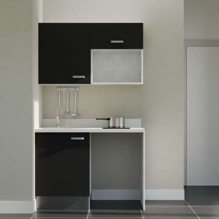 Kitchenette noire K07L : 120 cm avec plan monobloc PlaniQuartz blanc évier à gauche