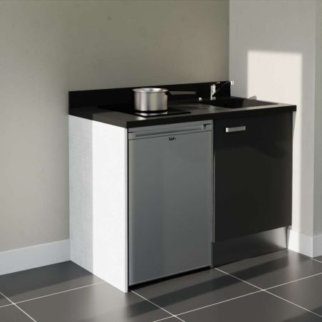 Kitchenette noire K08L : 120 cm avec plan monobloc PlaniQuartz noir et évier à droite