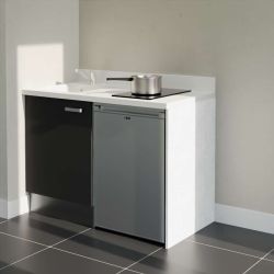Kitchenette noire K08L : 120 cm avec plan monobloc PlaniQuartz blanc et évier à gauche