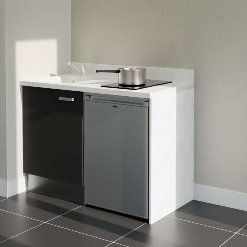 Kitchenette noire K08L : 120 cm avec plan monobloc PlaniQuartz blanc et évier à gauche Kitchenette noire K08L : 120 cm avec plan monobloc PlaniQuartz blanc et évier à gauche
