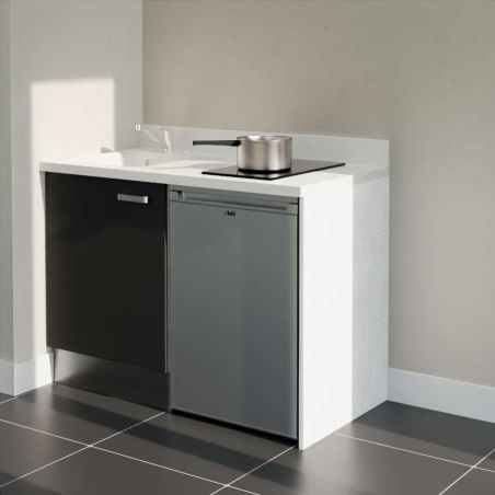 Kitchenette noire K08L : 120 cm avec plan monobloc PlaniQuartz blanc et évier à gauche