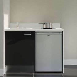 Kitchenette noire K08L : 120 cm avec plan monobloc PlaniQuartz blanc et évier à gauche
