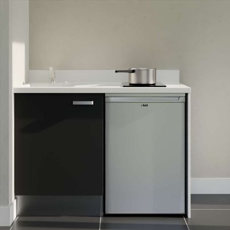 Kitchenette noire K08L : 120 cm avec plan monobloc PlaniQuartz blanc et évier à gauche