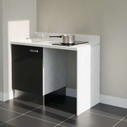 Kitchenette noire K08L : 120 cm avec plan monobloc PlaniQuartz blanc et évier à gauche