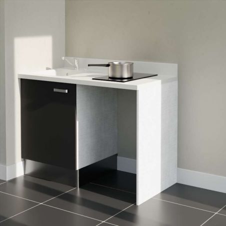 Kitchenette noire K08L : 120 cm avec plan monobloc PlaniQuartz blanc et évier à gauche