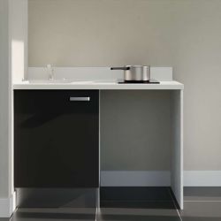 Kitchenette noire K08L : 120 cm avec plan monobloc PlaniQuartz blanc et évier à gauche