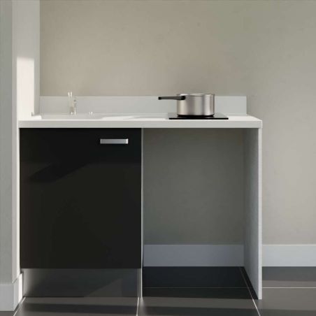 Kitchenette noire K08L : 120 cm avec plan monobloc PlaniQuartz blanc et évier à gauche