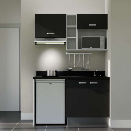 Kitchenette noire K13L : 140 cm avec plan monobloc PlaniQuartz noir et évier à droite