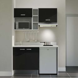 Kitchenette noire K13L : 140 cm avec plan monobloc PlaniQuartz blanc et évier à gauche
