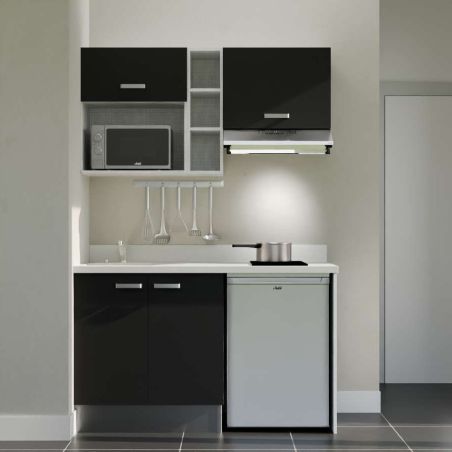 Kitchenette noire K13L : 140 cm avec plan monobloc PlaniQuartz blanc et évier à gauche