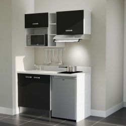 Kitchenette noire K13L : 140 cm avec plan monobloc PlaniQuartz blanc et évier à gauche