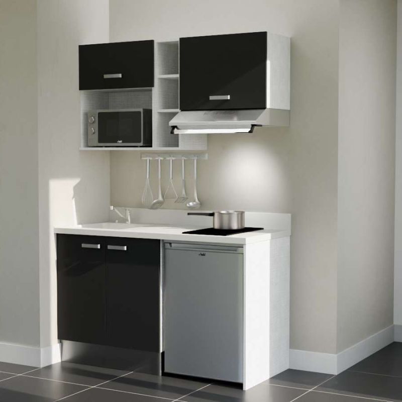 Kitchenette noire K13L : 140 cm avec plan monobloc PlaniQuartz blanc et évier à gauche Kitchenette noire K13L : 140 cm avec plan monobloc PlaniQuartz blanc et évier à gauche