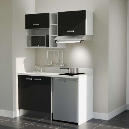 Kitchenette noire K13L : 140 cm avec plan monobloc PlaniQuartz blanc et évier à gauche