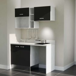 Kitchenette noire K13L : 140 cm avec plan monobloc PlaniQuartz blanc et évier à gauche